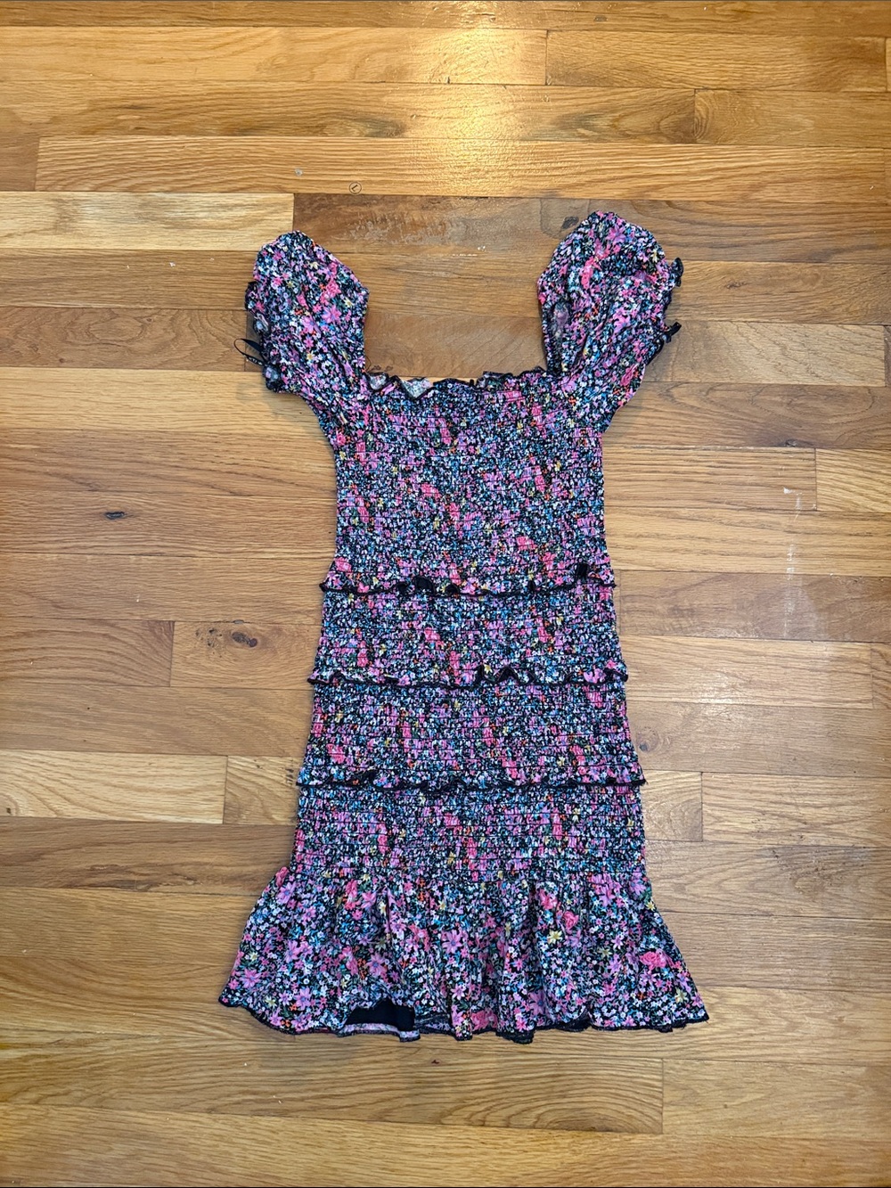 Katie J NYC Black Floral Ruffle Dress with Pink Accents